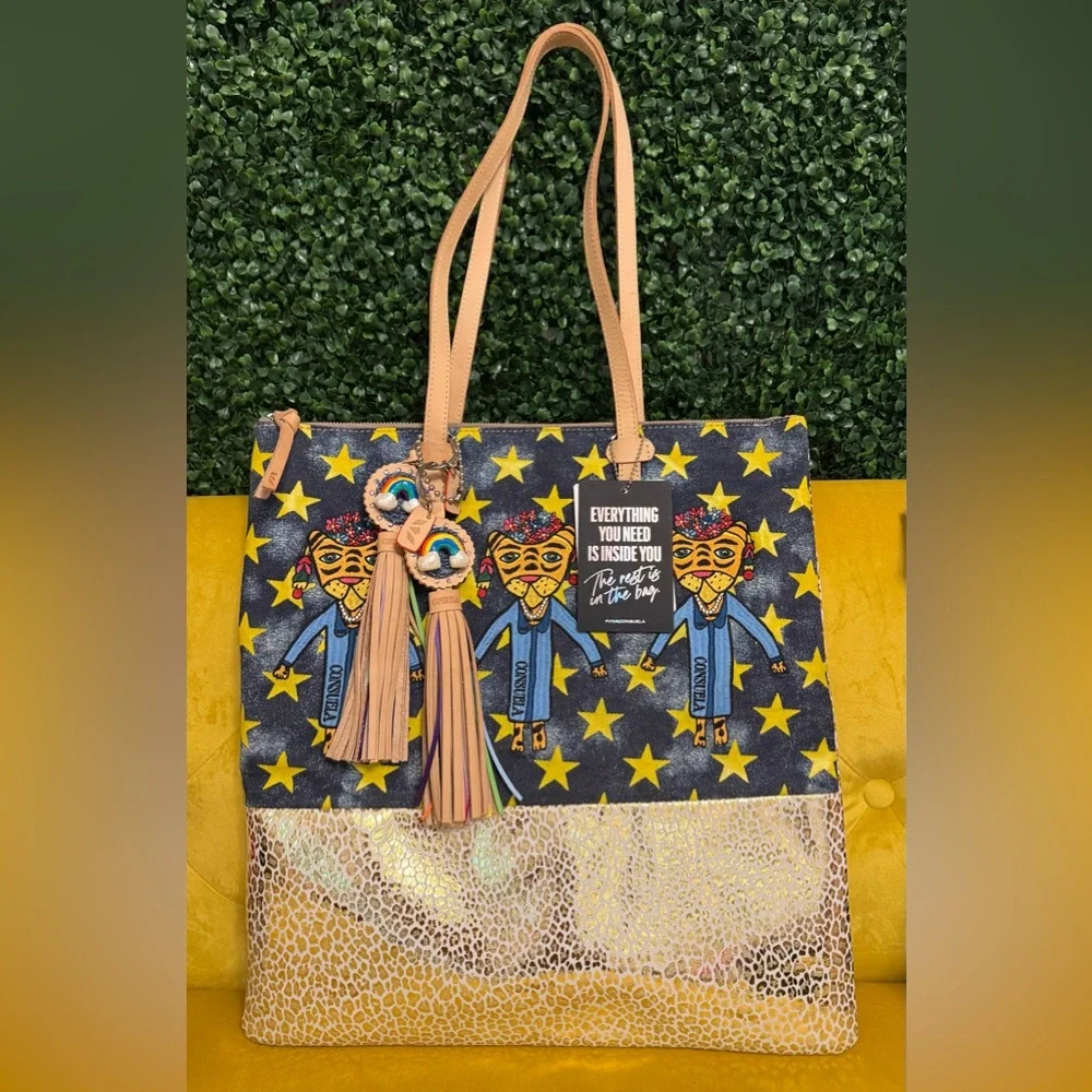 NWT Consuela Rawr Tote Frida Cat‎ Stars Metallic Animal Print Rainbow Charms